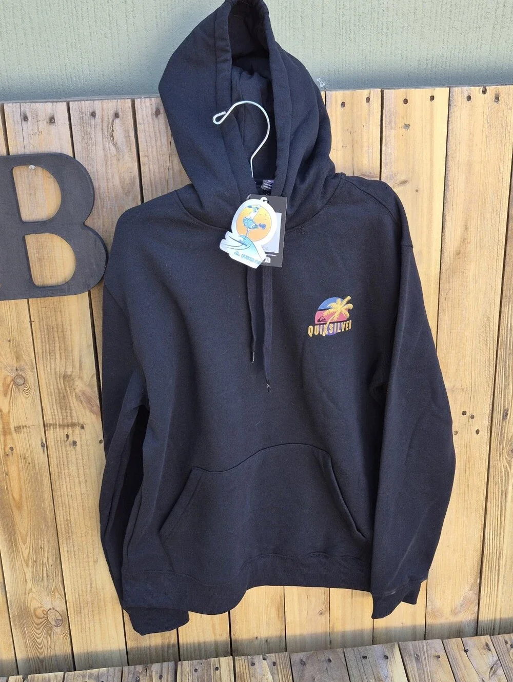 Quiksilver Black Hoodie with Yellow & Pink Tropical Graphic